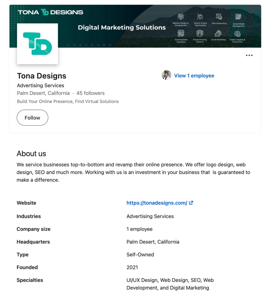 Tona Designs Company LinkedIn Profile
